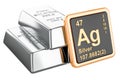 Silver bars with chemical element icon Argentum Ag, 3D rendering Royalty Free Stock Photo