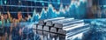 Silver Bars on Financial Chart. Shiny bullion stacks over dynamic market display. Panorama with copy space. Royalty Free Stock Photo