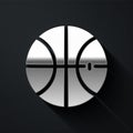 Silver Basketball ball icon isolated on black background. Sport symbol. Long shadow style. Vector Illustration