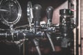 Silver beer taps close-up. Pouring column for beer. Row of Beer Taps in Pub Royalty Free Stock Photo