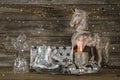 Silver and beige christmas decoration with present, angel, horse