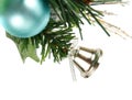 Silver bell, blue bauble on Christmas tree Royalty Free Stock Photo