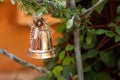 A silver bell on the Christmas tree. Royalty Free Stock Photo