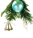 Silver bell, cyan bauble hanging on Christmas tree Royalty Free Stock Photo