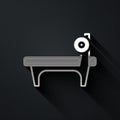 Silver Bench with barbel icon isolated on black background. Gym equipment. Bodybuilding, powerlifting, fitness concept
