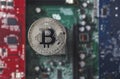 Silver Bitcoin on Blurry Background Royalty Free Stock Photo