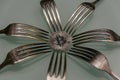 Silver bitcoin and silver forks around Royalty Free Stock Photo