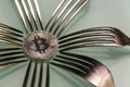 Silver bitcoin and silver forks around Royalty Free Stock Photo