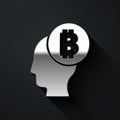 Silver Bitcoin think icon isolated on black background. Cryptocurrency head. Blockchain technology, digital money market