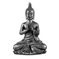 Silver black buddha metal sculpture statue isolated white background. Religion meditation religious and peace symbol concept