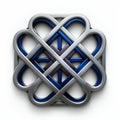 a silver and blue celtic knot on a white background