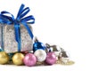 Silver and blue Christmas balls and gifts on white background Royalty Free Stock Photo