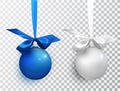 Silver and blue Christmas balls hanging on ribbon with lush bow isolated on white background. Realistic vector for Xmas Royalty Free Stock Photo