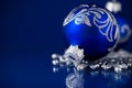 Silver and blue christmas ornaments on dark blue background with space for text Royalty Free Stock Photo