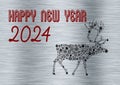 Silver wish card new year 2024 in english with black reindeer with balls and snowflakes