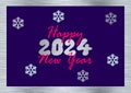 Silver and purple greeting card Happy New Year 2024 in english in pink with snowflakes