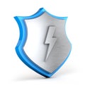 Silver and blue shield with silver thunderbolt on white background. Metal shield with lightning. 3d illustration.