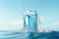 Silver Blue Soda Can with Dynamic Water Splash Royalty Free Stock Photo