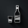 Silver Bottle of vodka with glass icon isolated on black background. Long shadow style. Vector Royalty Free Stock Photo