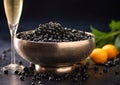 Silver bowl with beluga black caviar and glass of champagne.Macro.Ai Generative