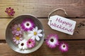 Silver Bowl With Cosmea Blossoms With Text Happy Weekend