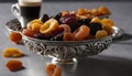 A silver bowl of fruit and a cup of coffee Royalty Free Stock Photo