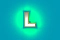 Silver brassy font with yellow outline and green noisy backlight - letter L isolated on teal background, 3D illustration of Royalty Free Stock Photo