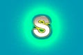 Silver brassy font with yellow outline and green noisy backlight - letter S isolated on blue, 3D illustration of symbols