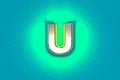 Silver brassy font with yellow outline and green noisy backlight - letter U isolated on blue, 3D illustration of symbols Royalty Free Stock Photo