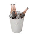 Silver bucket filled with six bottles of beer on top of ice, 3d rendering