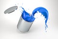 Silver bucket full of vibrant blue paint, jumping with paint splashing
