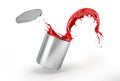 Silver bucket full of vibrant red paint, jumping with paint splashing