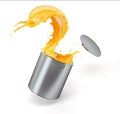 Silver bucket full of vibrant warm yellow paint, jumping with paint splashing Royalty Free Stock Photo