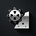 Silver Bucket wheel excavator icon isolated on black background. Long shadow style. Vector