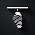 Silver Butterfly cocoon icon isolated on black background. Pupa of the butterfly. Long shadow style. Vector