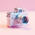 A silver camera on a pink background, AI