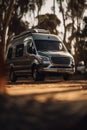 Silver camper van with trees in the background in forest created using generative ai technology Royalty Free Stock Photo