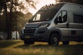 Silver camper van with trees in the background in forest created using generative ai technology Royalty Free Stock Photo