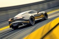Silver car speeding on a race track with yellow lines Royalty Free Stock Photo