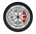 Silver car wheel with brake caliper brake disc and tire isolated on white background with clipping path