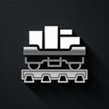 Silver Cargo train wagon icon isolated on black background. Full freight car. Railroad transportation. Long shadow style