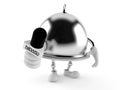 Silver catering dome character holding interview microphone