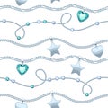 Silver chains white and green gemstones pattern. Royalty Free Stock Photo