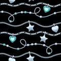 Silver chains white and green gemstones pattern. Royalty Free Stock Photo