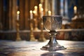 a silver chalice on an altar