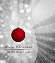 Silver Christmas background with bokeh lights and red, glitter ball, bauble Royalty Free Stock Photo