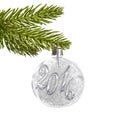 2016 on a silver christmas ball hanging from a branch isolated on white Royalty Free Stock Photo