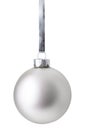 Silver christmas ball hanging on ribbon isolated over white background Royalty Free Stock Photo