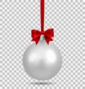 Silver Christmas ball with ribbon and a bow and snowflake isolated on transparent background. Template of matt realistic