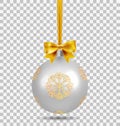 Silver Christmas ball with ribbon and a bow and snowflake isolated on transparent background. Template of matt realistic